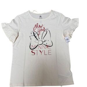 Disney Women's S Cream Ruffle Sleeve Minnie Mouse T-Shirt Casual